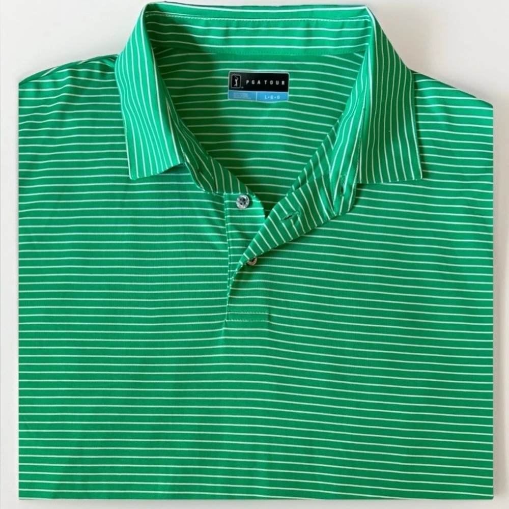 PGA TOUR Mens Green White Striped Golf Polo Shirt Short Sleeve Size Large NWT - Picture 5 of 8